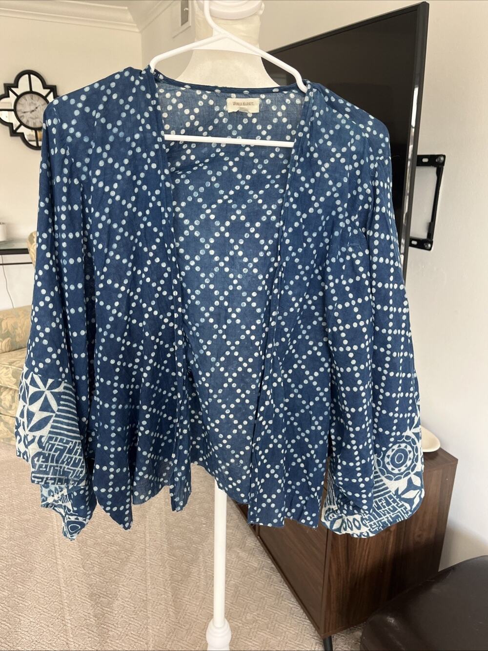 FLAW World Market Short Crop Kimono Jacket Women Light Weight Blue Boho One SIZE